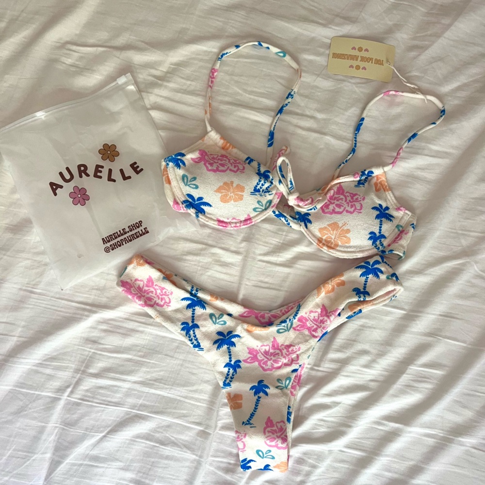 Aurelle Tropical Floral Bikini Top and Bottom with Pink Orange Flowers